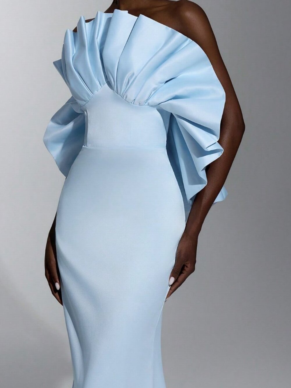 Baby Blue Elegant Women's Mermaid Evening Gown with Ruffle Off-Shoulder Train - Picture 6 of 7